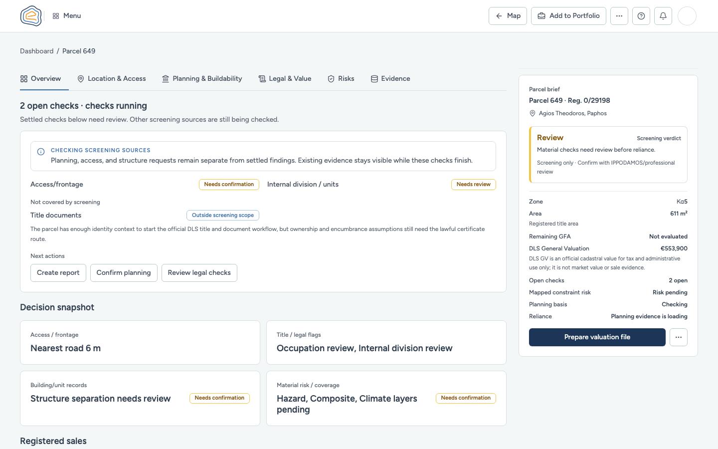Emvadon Parcel 649 overview with parcel facts, open checks, decision snapshot, and next actions