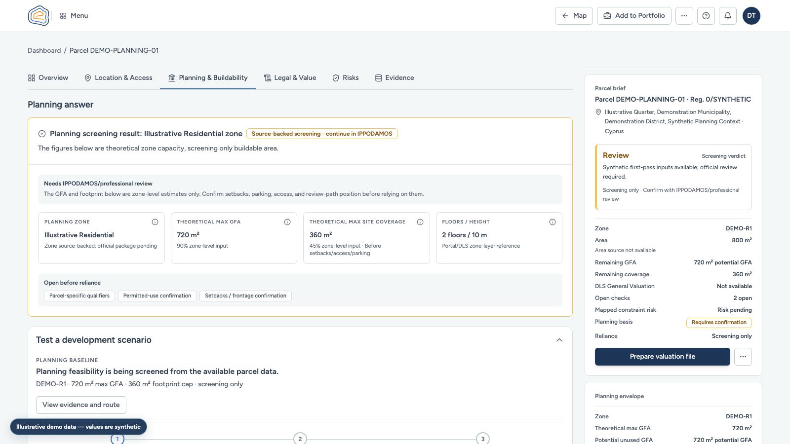 Illustrative demo capture of Emvadon buildability screening with planning parameters, mapped constraints, and evidence gaps
