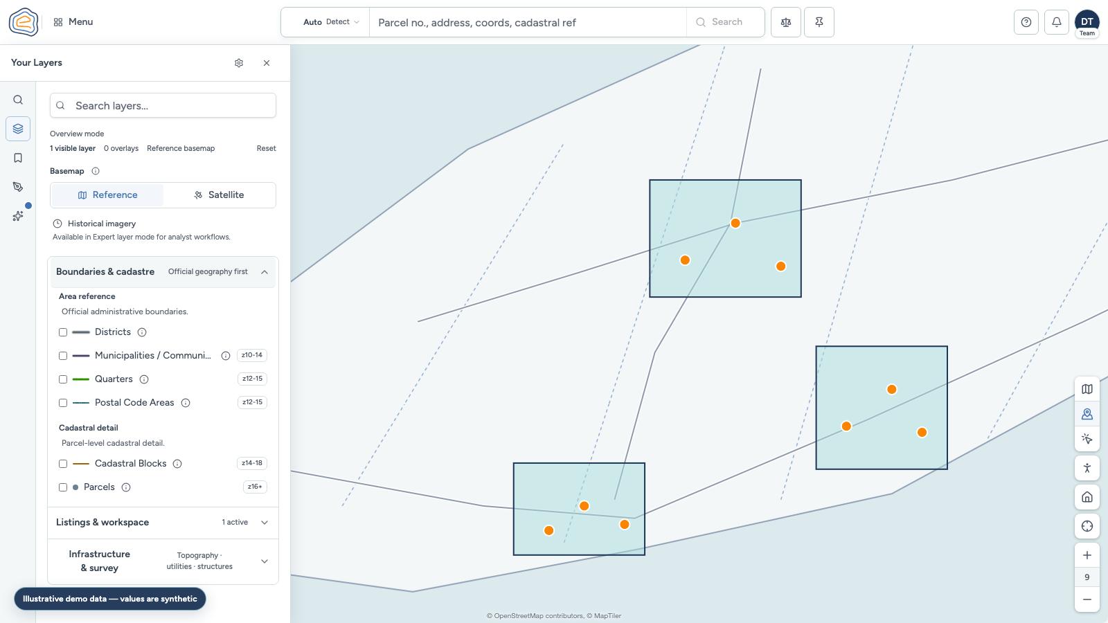 Illustrative demo capture of the Emvadon evidence workspace with source-labelled layer controls