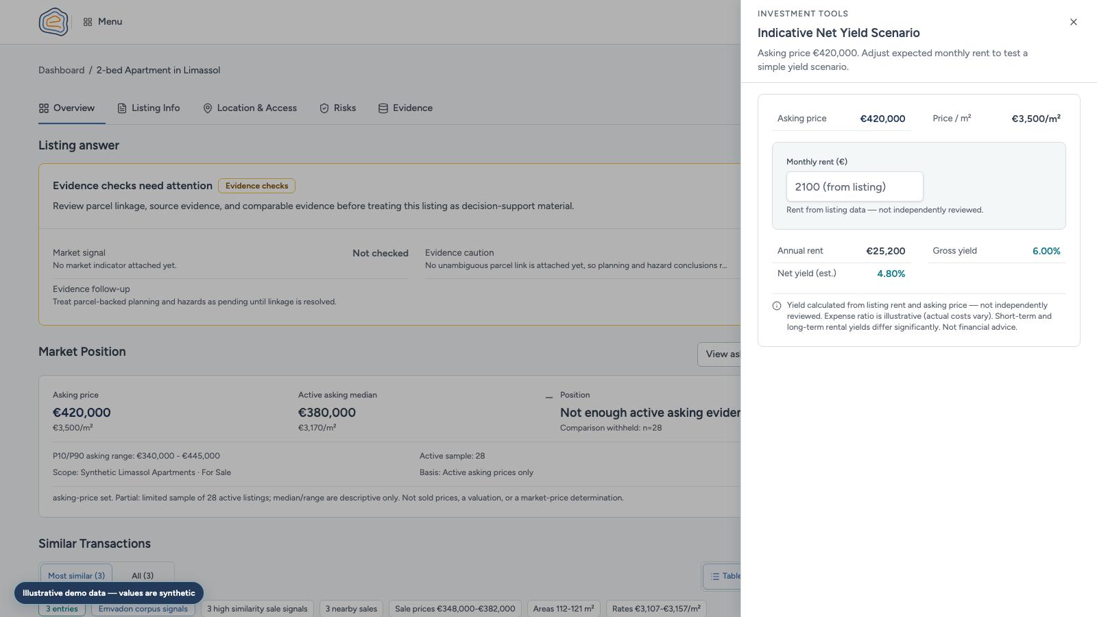 Illustrative demo capture of Emvadon opportunity screening with asking-price context, registered-sale signals, and yield assumptions
