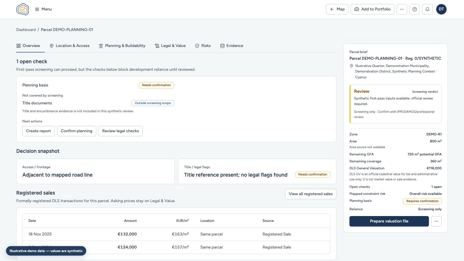 Illustrative demo capture of Emvadon parcel due diligence with source-labelled evidence and unresolved gaps