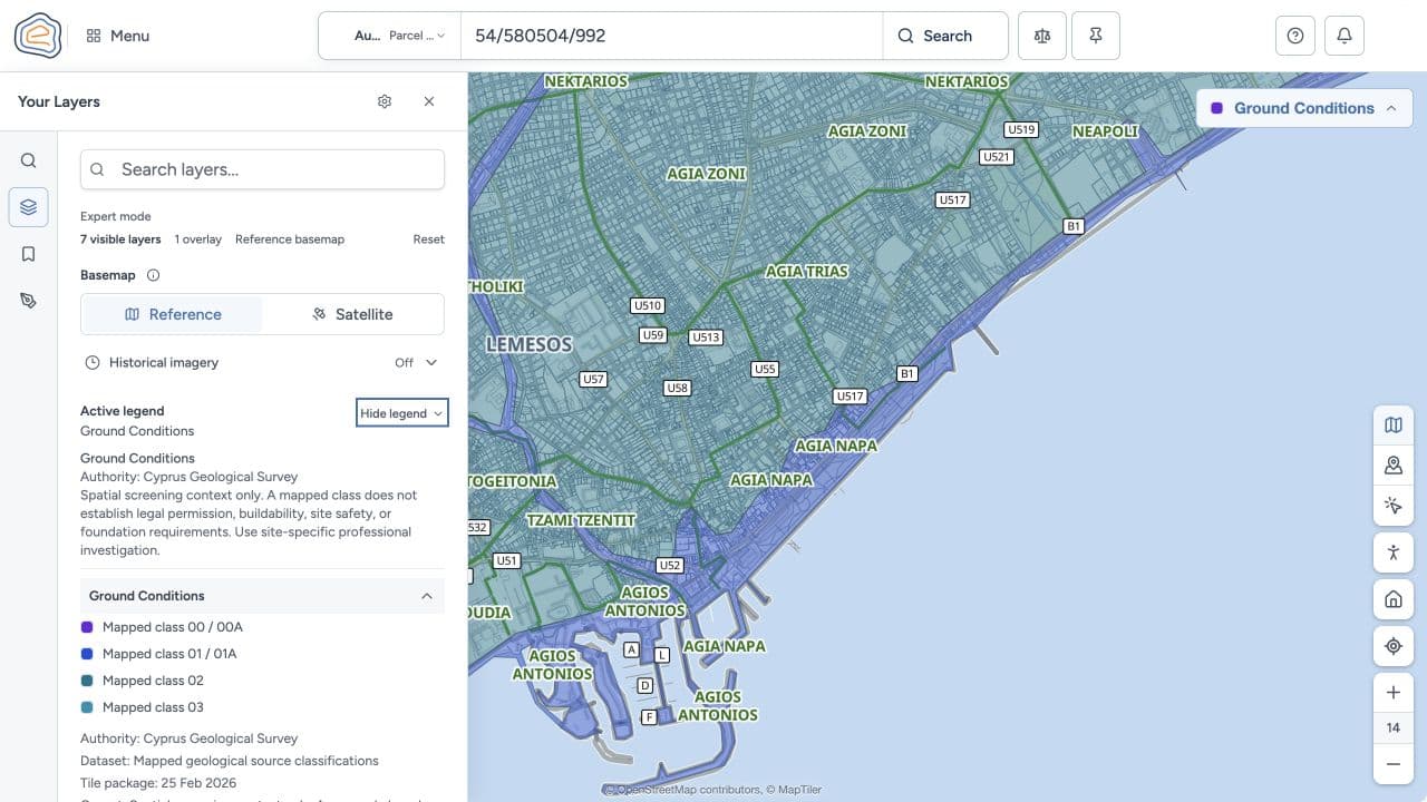 Emvadon Ground Conditions screening with Cyprus Geological Survey authority, mapped classes, and the professional-investigation caveat visible