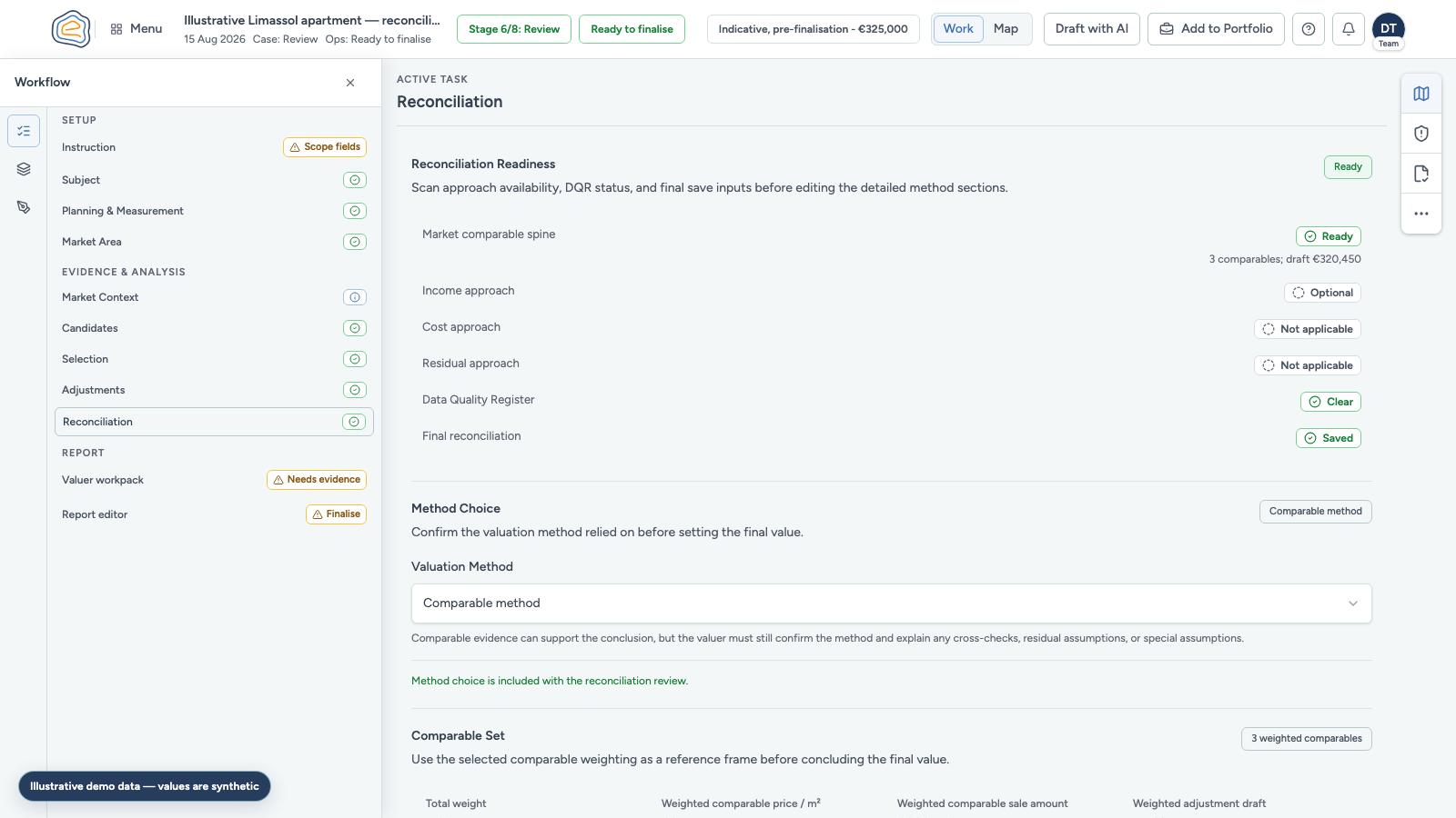 Illustrative demo capture of an Emvadon valuation case with evidence, assumptions, and gaps visible